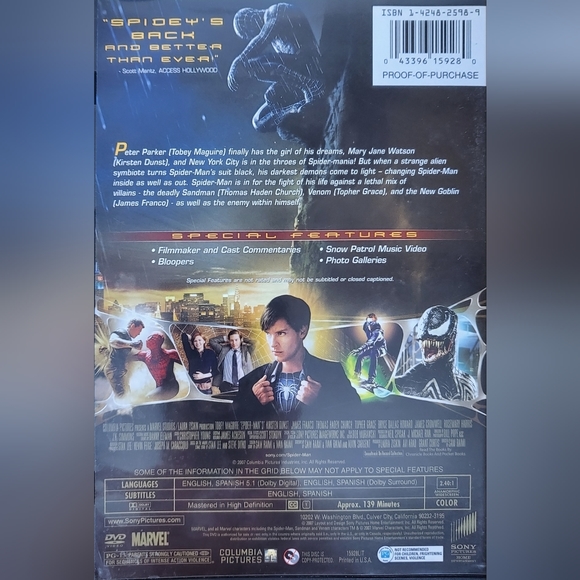Spiderman 3 Widescreen DVD movie EUC - Picture 2 of 2